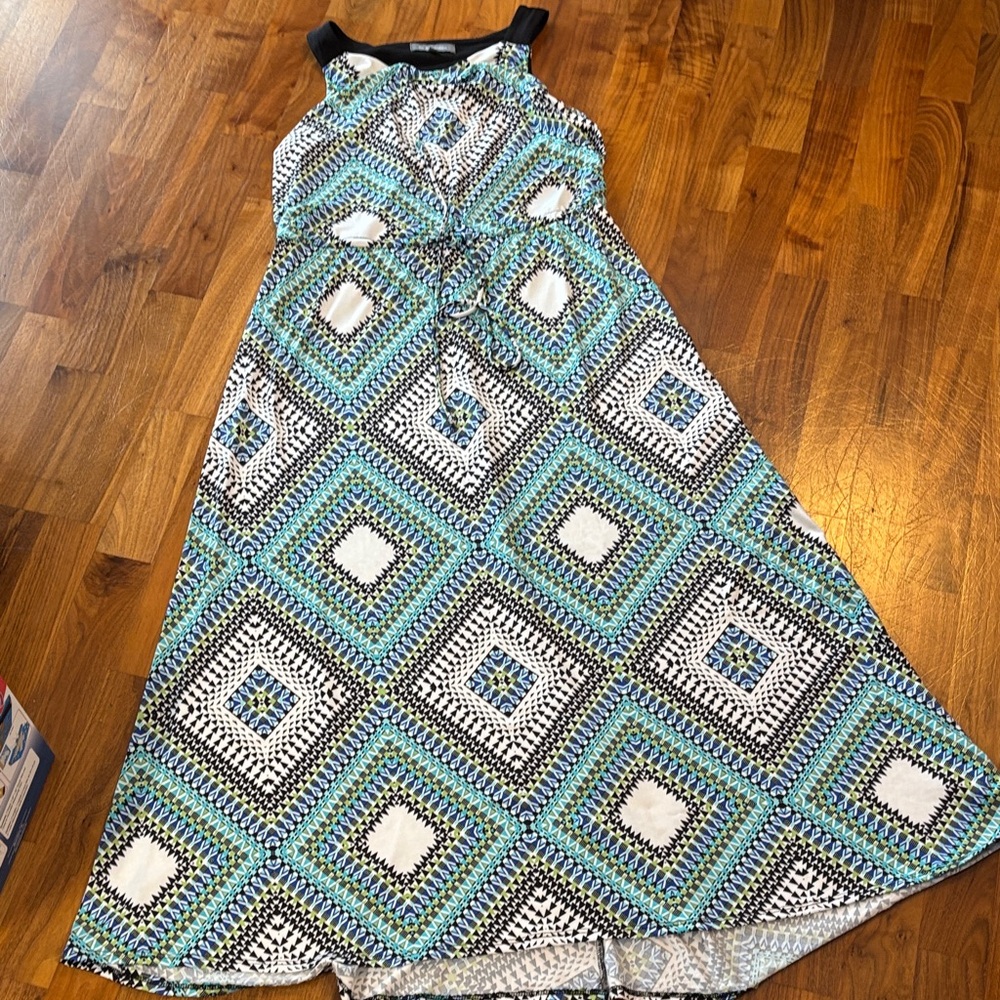 NY Collection Sleeveless Maxi Dress in Blue, Aqua, Black & White